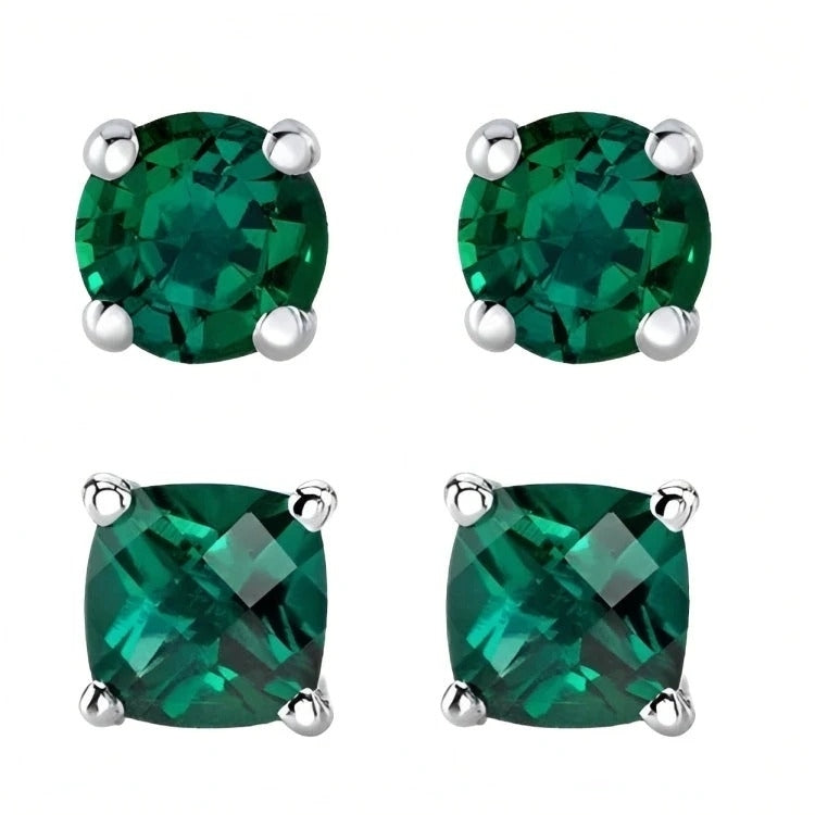 Paris Jewelry 18k White Gold 2 Pair Created Emerald 4mm 6mm Round and Princess Cut Stud Earrings Plated Image 1