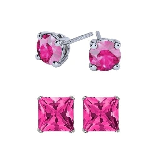 Paris Jewelry 18k White Gold 2 Pair Created Tourmaline 4mm 6mm Round and Princess Cut Stud Earrings Plated Image 1