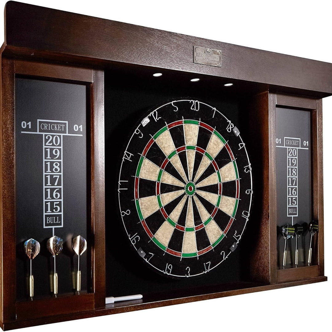 40" Dartboard Cabinet Set LED Lights Steel Tip Darts Brown/Black Image 1