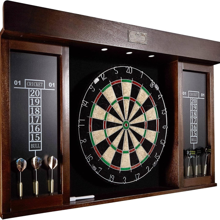 40" Dartboard Cabinet Set LED Lights Steel Tip Darts Brown/Black Image 1