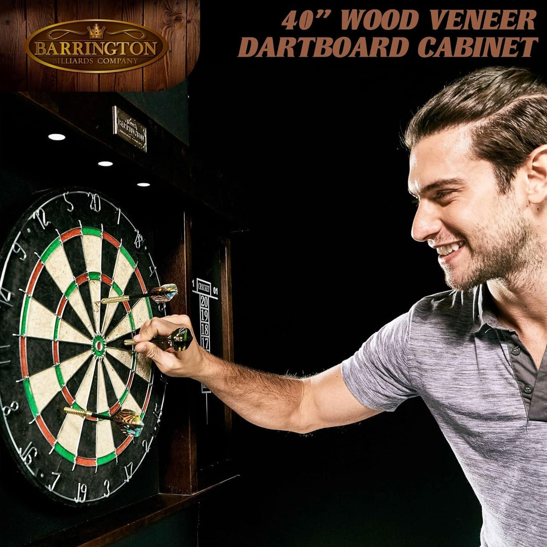 40" Dartboard Cabinet Set LED Lights Steel Tip Darts Brown/Black Image 2