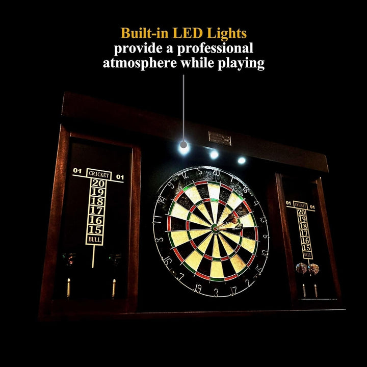 40" Dartboard Cabinet Set LED Lights Steel Tip Darts Brown/Black Image 3