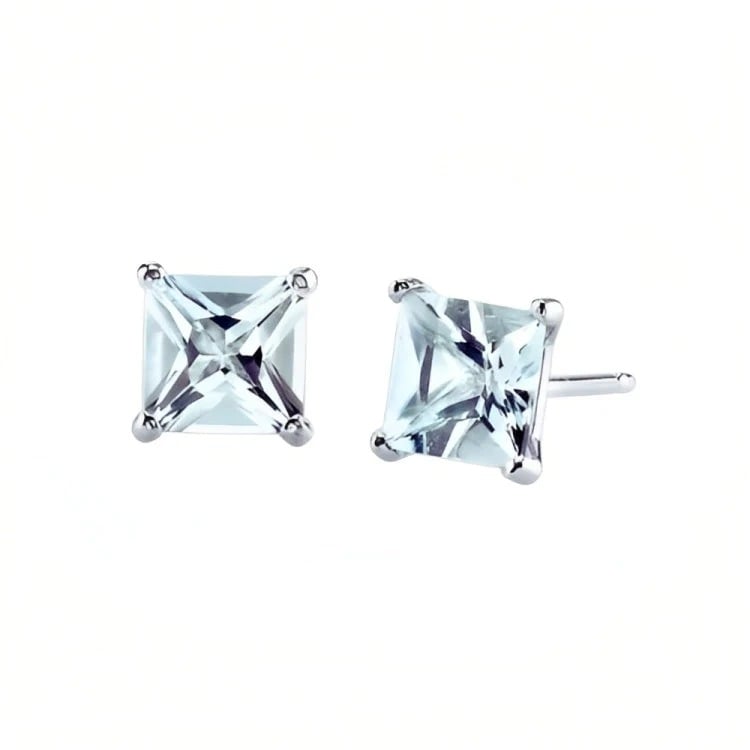 Paris Jewelry 18k White Gold 2 Pair Created Aquamarine 4mm 6mm Round and Princess Cut Stud Earrings Plated Image 3