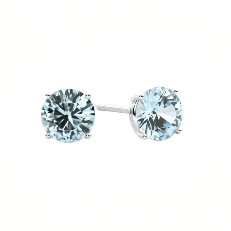 Paris Jewelry 18k White Gold 2 Pair Created Aquamarine 4mm 6mm Round and Princess Cut Stud Earrings Plated Image 1