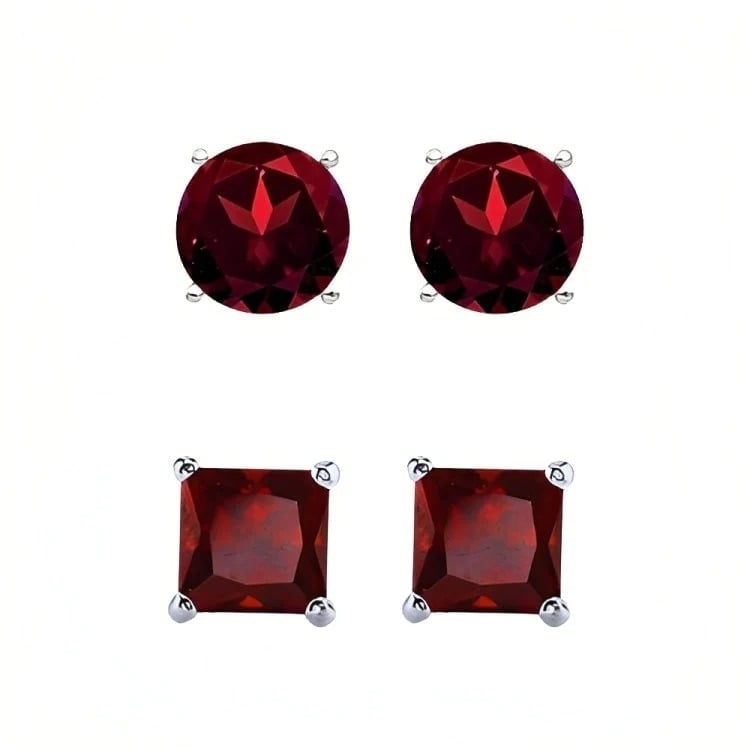 Paris Jewelry 18k White Gold 2 Pair Created Garnet 4mm 6mm Round and Princess Cut Stud Earrings Plated Image 1