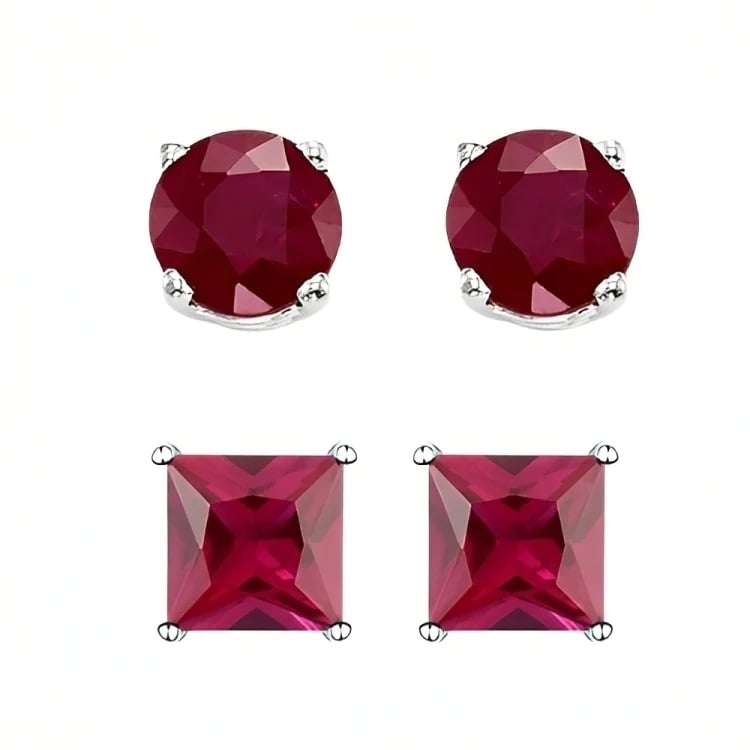 Paris Jewelry 18k White Gold Plated Created Ruby Stud Earrings 6mm Red Image 1