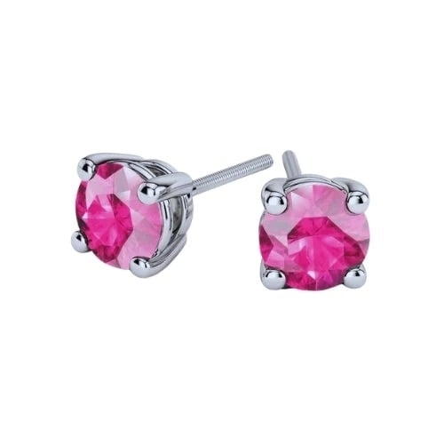 Paris Jewelry 18k White Gold 2 Pair Created Pink Sapphire 4mm 6mm Round and Princess Cut Stud Earrings Plated Image 2