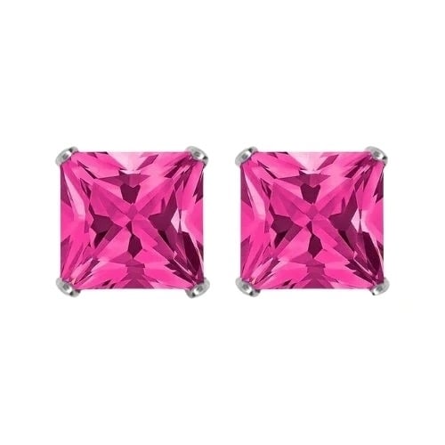 Paris Jewelry 18k White Gold 2 Pair Created Pink Sapphire 4mm 6mm Round and Princess Cut Stud Earrings Plated Image 3