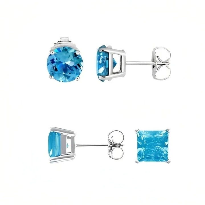 Paris Jewelry 18k White Gold Plated Created Blue Topaz Stud Earrings Set 4mm 6mm Image 1