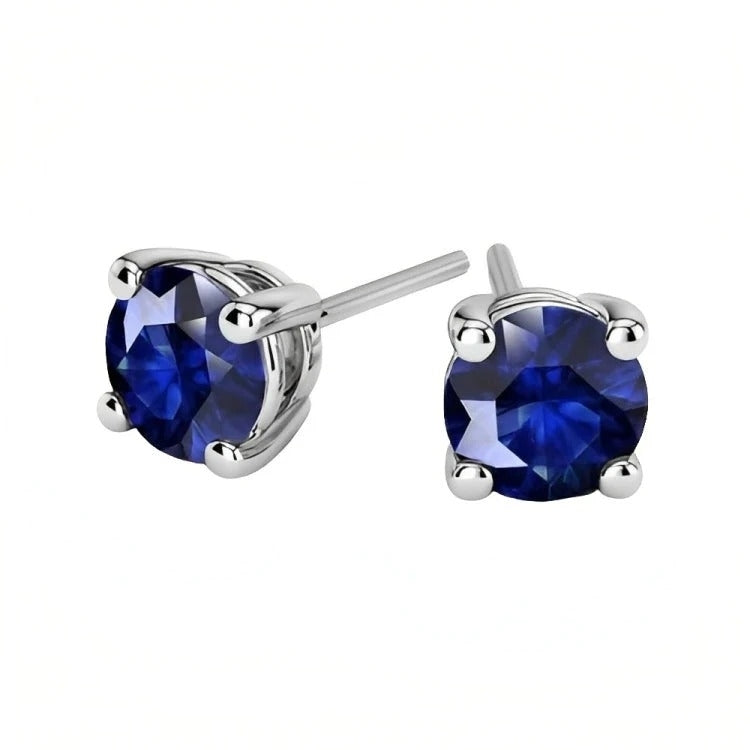 Paris Jewelry 18k White Gold 2 Pair Created Blue Sapphire 4mm 6mm Round and Princess Cut Stud Earrings Plated Image 2