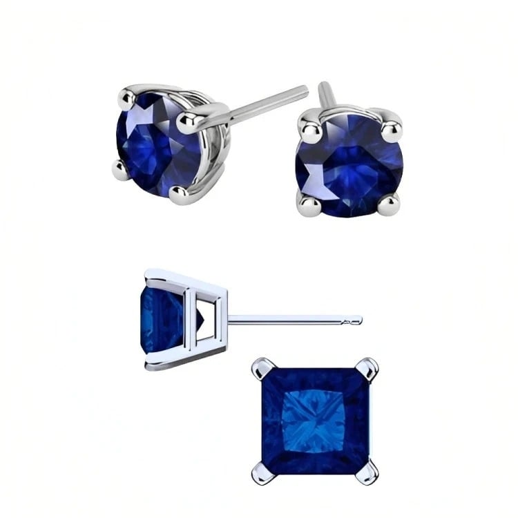 Paris Jewelry 18k White Gold 2 Pair Created Blue Sapphire 4mm 6mm Round and Princess Cut Stud Earrings Plated Image 1