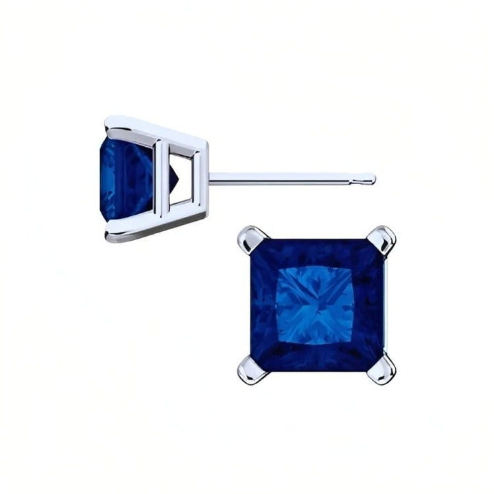 Paris Jewelry 18k White Gold 2 Pair Created Blue Sapphire 4mm 6mm Round and Princess Cut Stud Earrings Plated Image 3