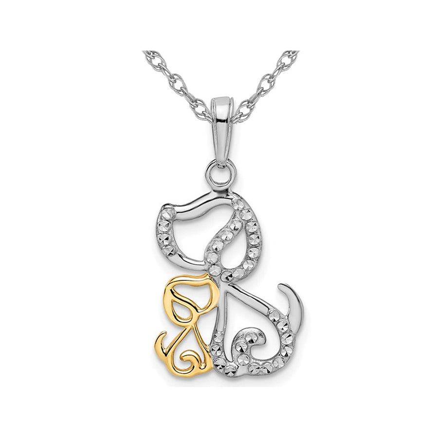 14K White and Yellow Gold Diamond-cut Dog and Puppy Pendant Necklace with Chain Image 1