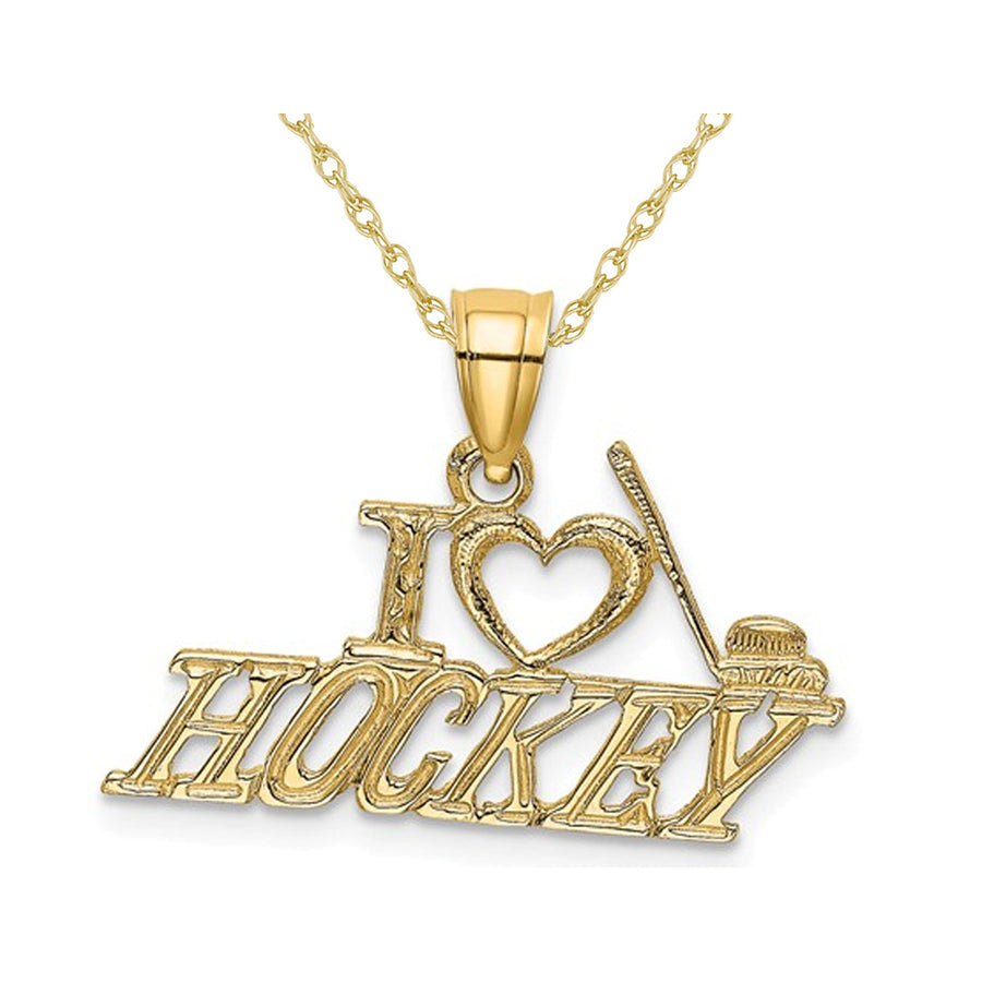 14K Yellow Gold I LOVE HOCKEY Charm Pendant Necklace with Chain Image 1