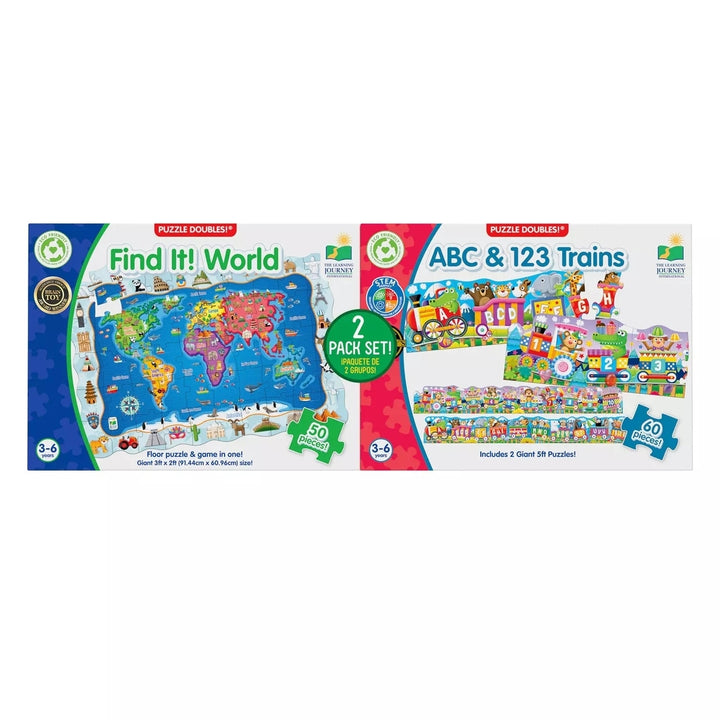 Puzzle Doubles: World Map + Giant ABC and 123 Train Floor Puzzles Image 1