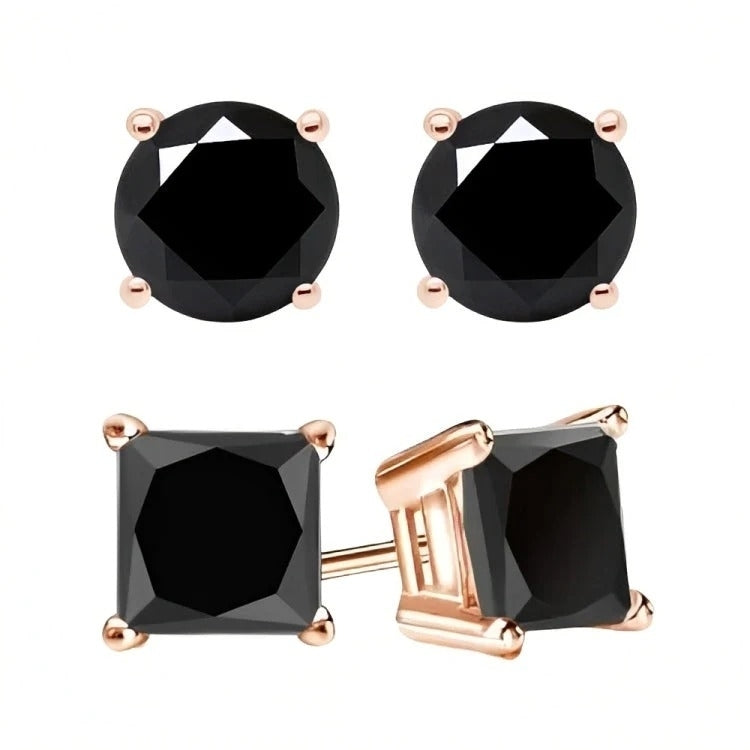 Paris Jewelry 18k Rose Gold 2 Pair Created Black Sapphire 4mm 6mm Round and Princess Cut Stud Earrings Plated Image 1