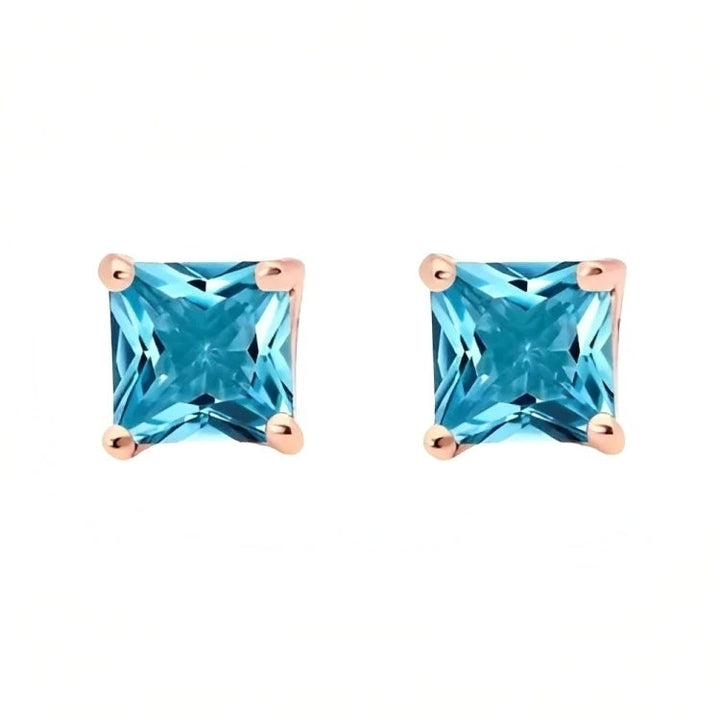 Paris Jewelry 18k Rose Gold 2 Pair Created Blue Topaz 4mm 6mm Round and Princess Cut Stud Earrings Plated Image 3