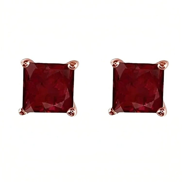 Paris Jewelry 18k Rose Gold 2 Pair Created Ruby 4mm 6mm Round and Princess Cut Stud Earrings Plated Image 2