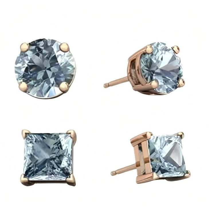 Paris Jewelry 18k Rose Gold 2 Pair Created Aquamarine 4mm 6mm Round and Princess Cut Stud Earrings Plated Image 1