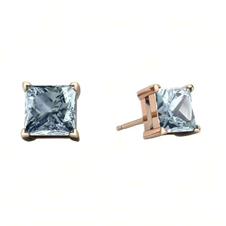 Paris Jewelry 18k Rose Gold 2 Pair Created Aquamarine 4mm 6mm Round and Princess Cut Stud Earrings Plated Image 2