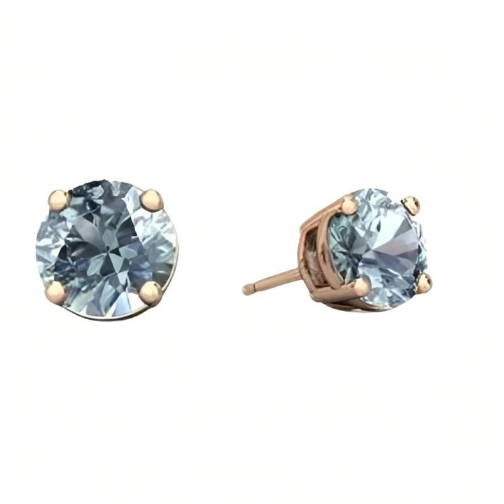 Paris Jewelry 18k Rose Gold 2 Pair Created Aquamarine 4mm 6mm Round and Princess Cut Stud Earrings Plated Image 3