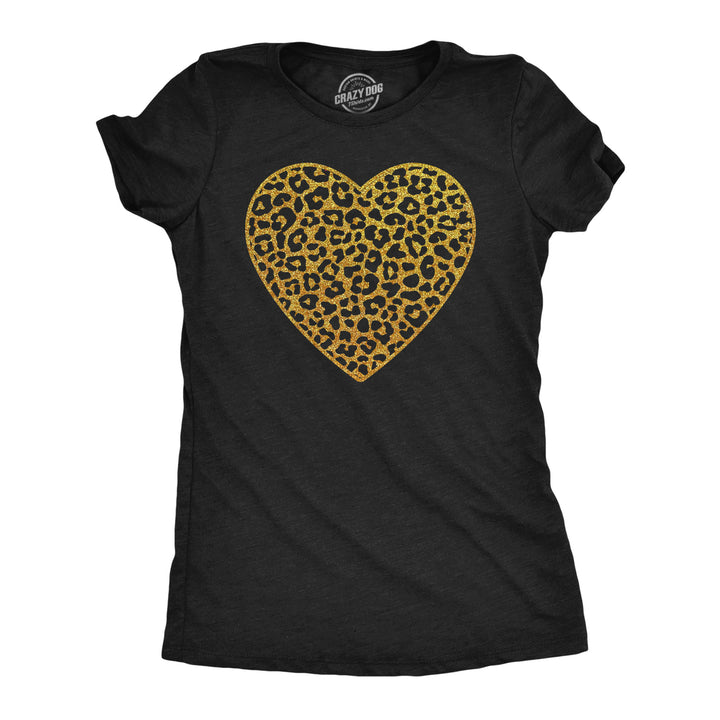 Womens T Shirts Gold Glitter Leopard Print Heart Cute Graphic Tee Image 1