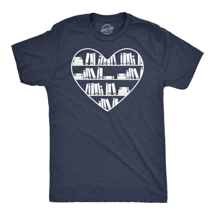 Mens Bookshelf Heart Funny T Shirt Reading Graphic Tee For Men Image 1