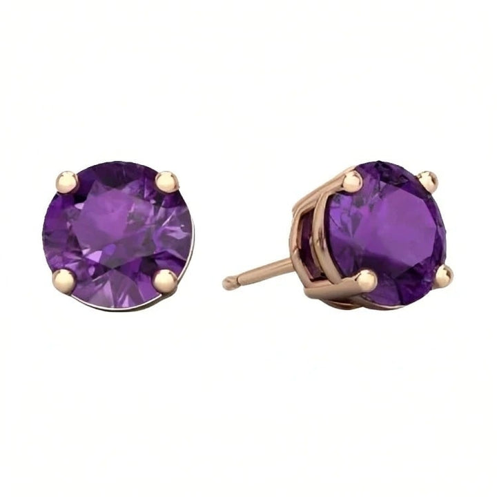 Paris Jewelry 18k Rose Gold 2 Pair Created Amethyst 4mm 6mm Round and Princess Cut Stud Earrings Plated Image 2