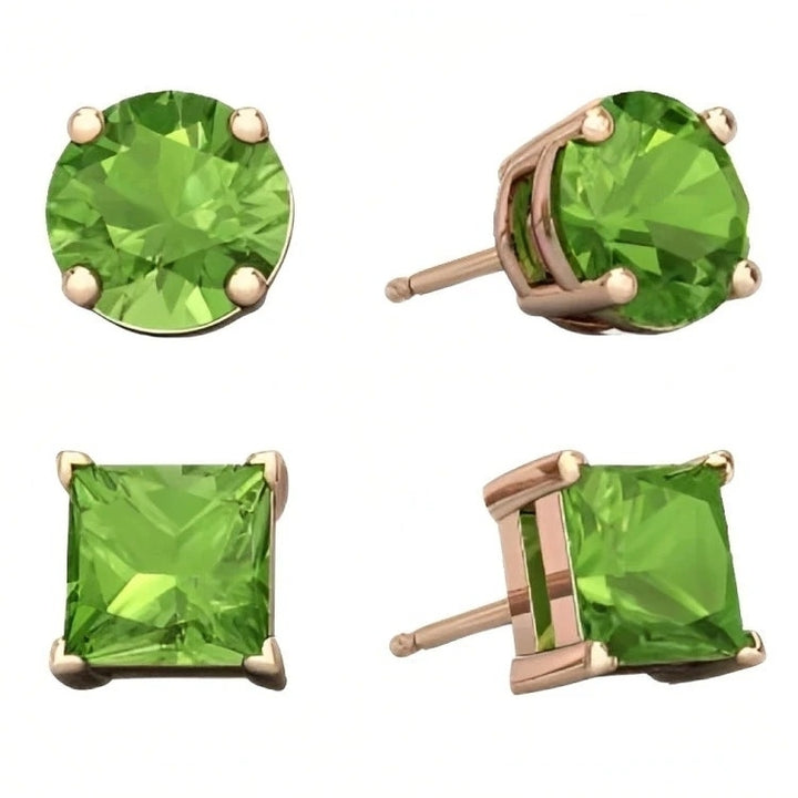 Paris Jewelry 18k Rose Gold 2 Pair Created Peridot 4mm 6mm Round and Princess Cut Stud Earrings Plated Image 1