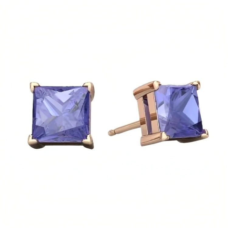 Paris Jewelry 18k Rose Gold 2 Pair Created Tanzanite 4mm 6mm Round and Princess Cut Stud Earrings Plated Image 3