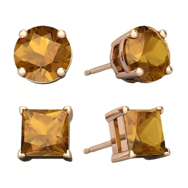 Paris Jewelry 18k Rose Gold 2 Pair Created Citrine 4mm 6mm Round and Princess Cut Stud Earrings Plated Image 1