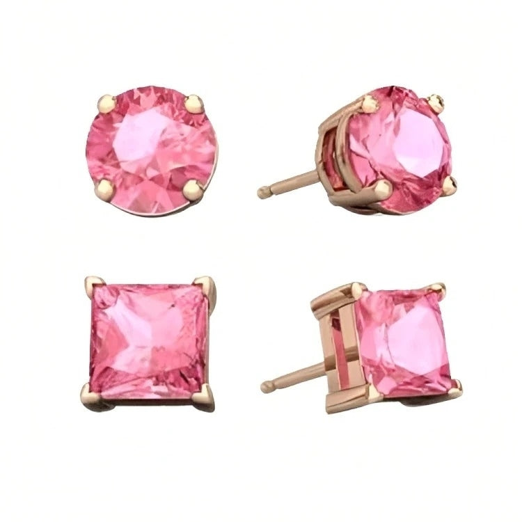 Paris Jewelry 18k Rose Gold 2 Pair Created Tourmaline 4mm 6mm Round and Princess Cut Stud Earrings Plated Image 1