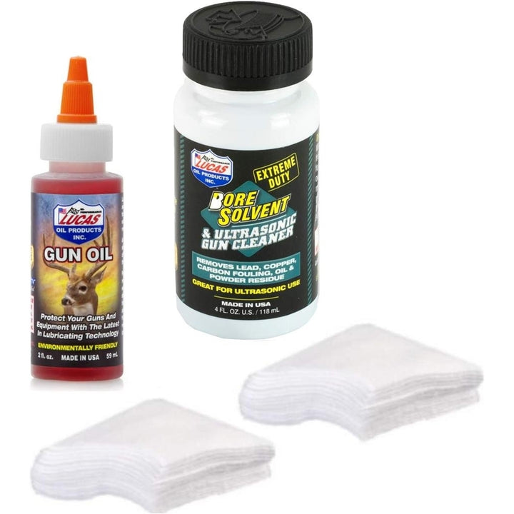 Extreme Duty Gun Cleaner Solvent (4oz) with Lube Oil (2oz) and Quality Gun Cleaning Cotton Patches for 9mm - 45 Pistols Image 1