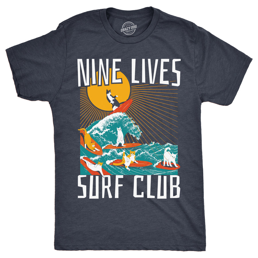 Mens Nine Lives Surf Club Funny T Shirt Cat Graphic Tee For Men Image 1