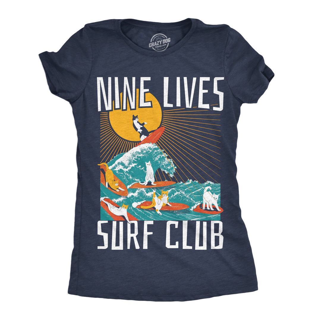 Womens Nine Lives Surf Club Funny T Shirt Cat Graphic Tee For Ladies Image 1