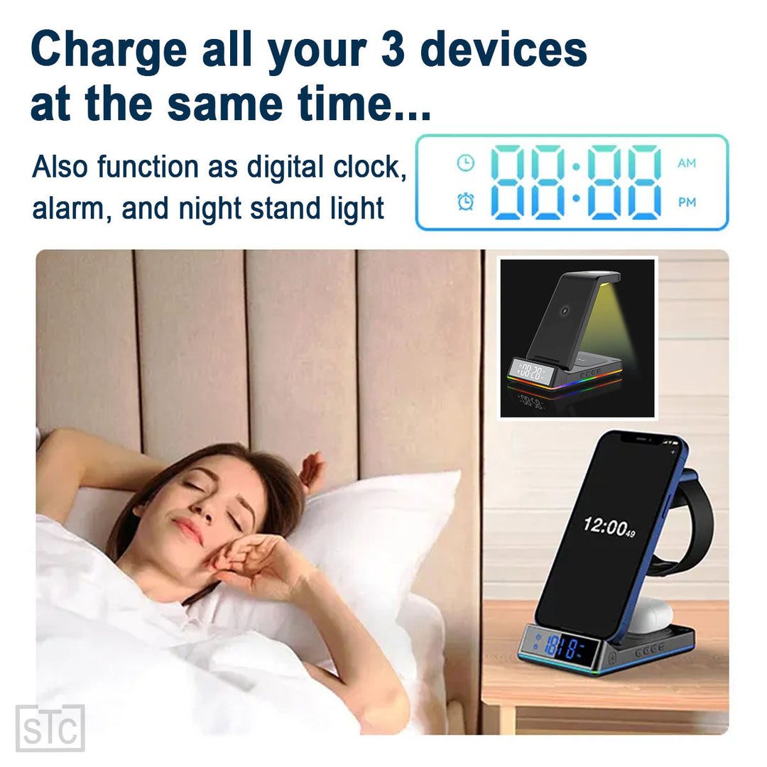 3 in 1 Wireless Charger with Clock/Alarm and Night Light15W Fast Charging Station Compatible with iPhone AirPods and Image 4