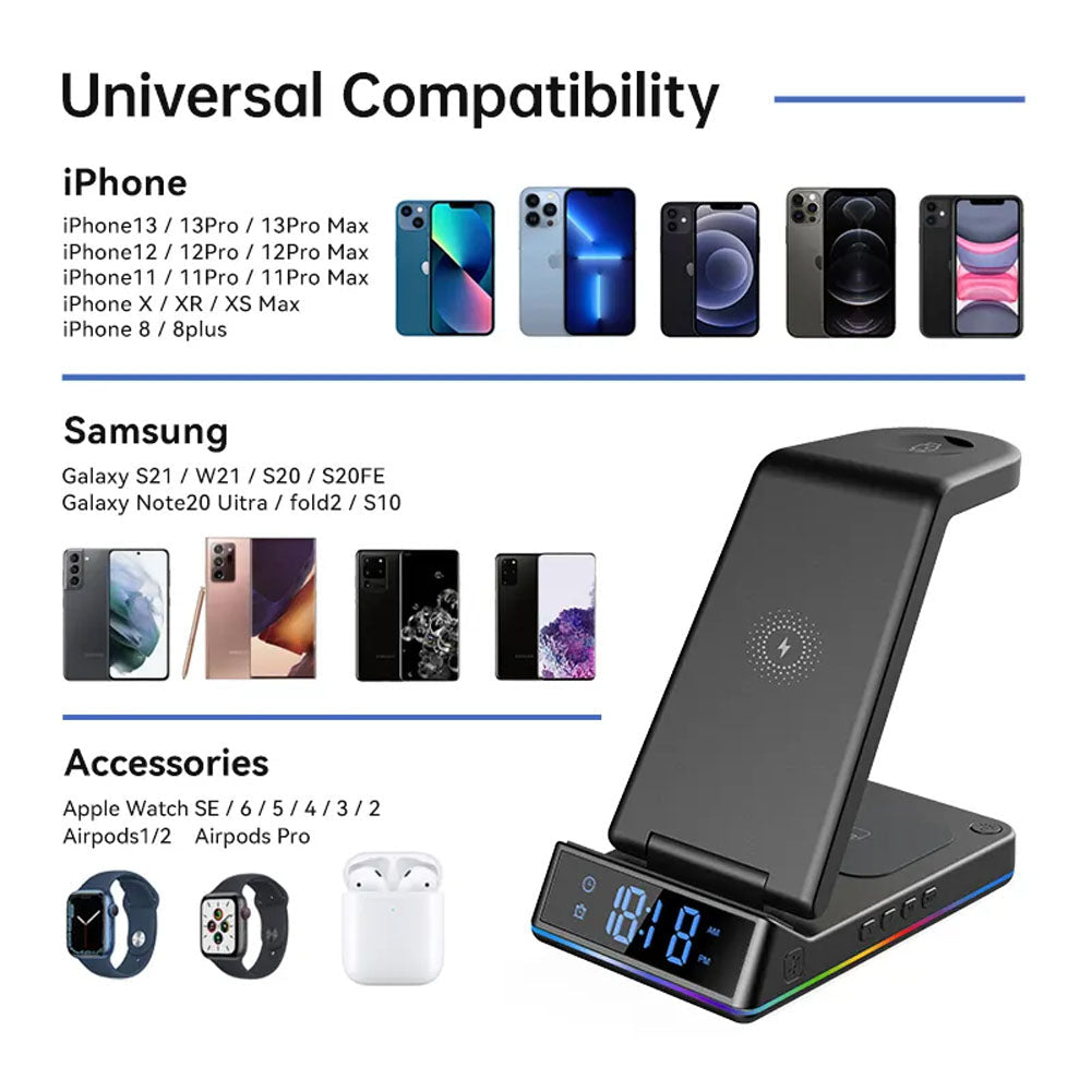 3 in 1 Wireless Charger with Clock/Alarm and Night Light15W Fast Charging Station Compatible with iPhone AirPods and Image 8