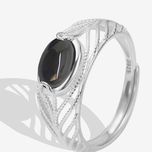 Pure silver black agate hollow ring for women's high-end niche trend, cold and indifferent Instagram style opening Image 1