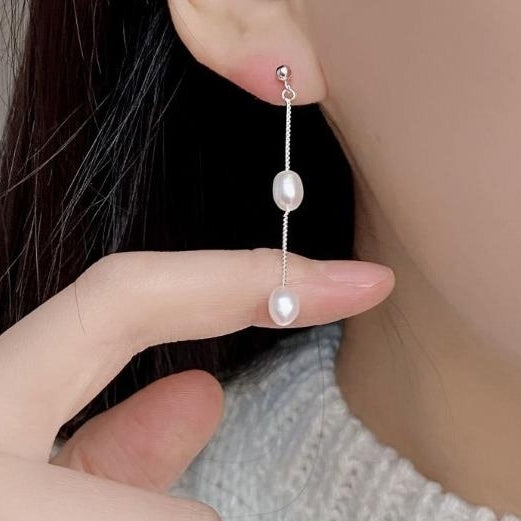 Light luxury natural freshwater pearl tassel earrings S925 sterling silver temperament minimalist earrings long style Image 2