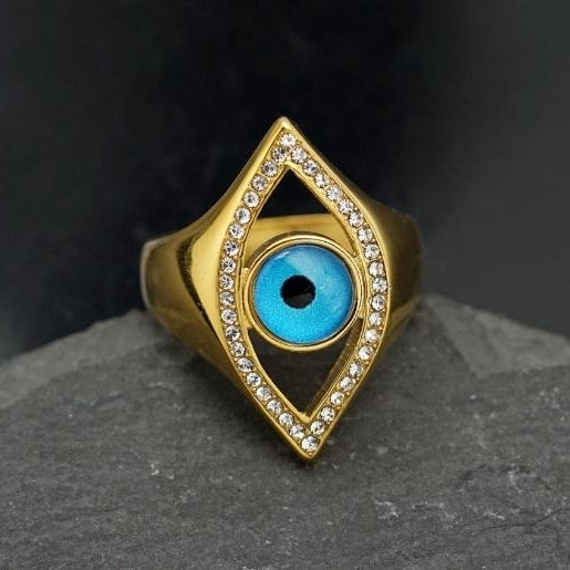 Titanium steel/stainless steel gold-plated diamond blue eye ring accessory Image 1