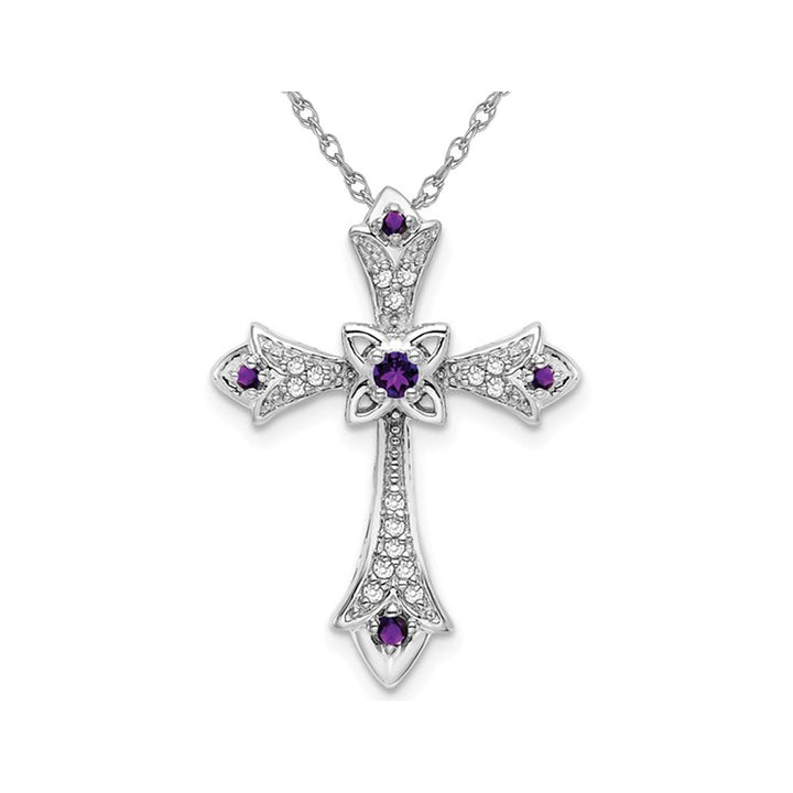 1/10 Carat (ctw) Amethyst Cross Pendant Necklace in 14K White Gold with Diamonds and Chain Image 1