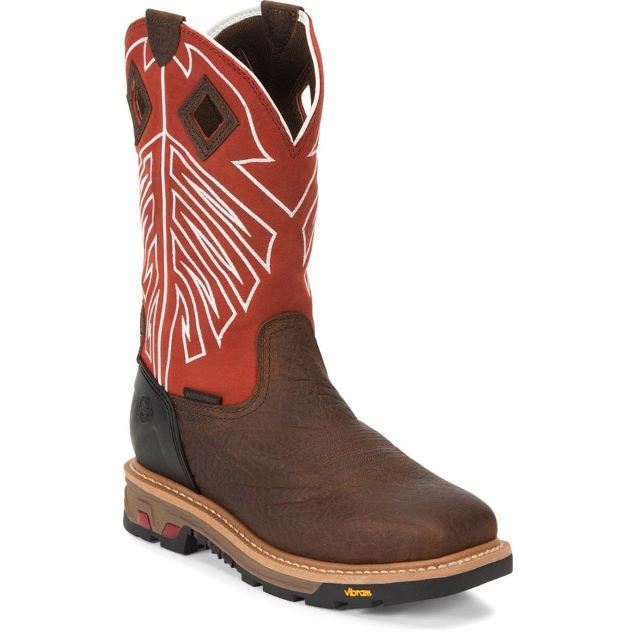 JUSTIN WORK Mens 12" Roughneck Steel Toe Waterproof Work Boot Walnut Brown - WK2115 WALNUT BROWN Image 1