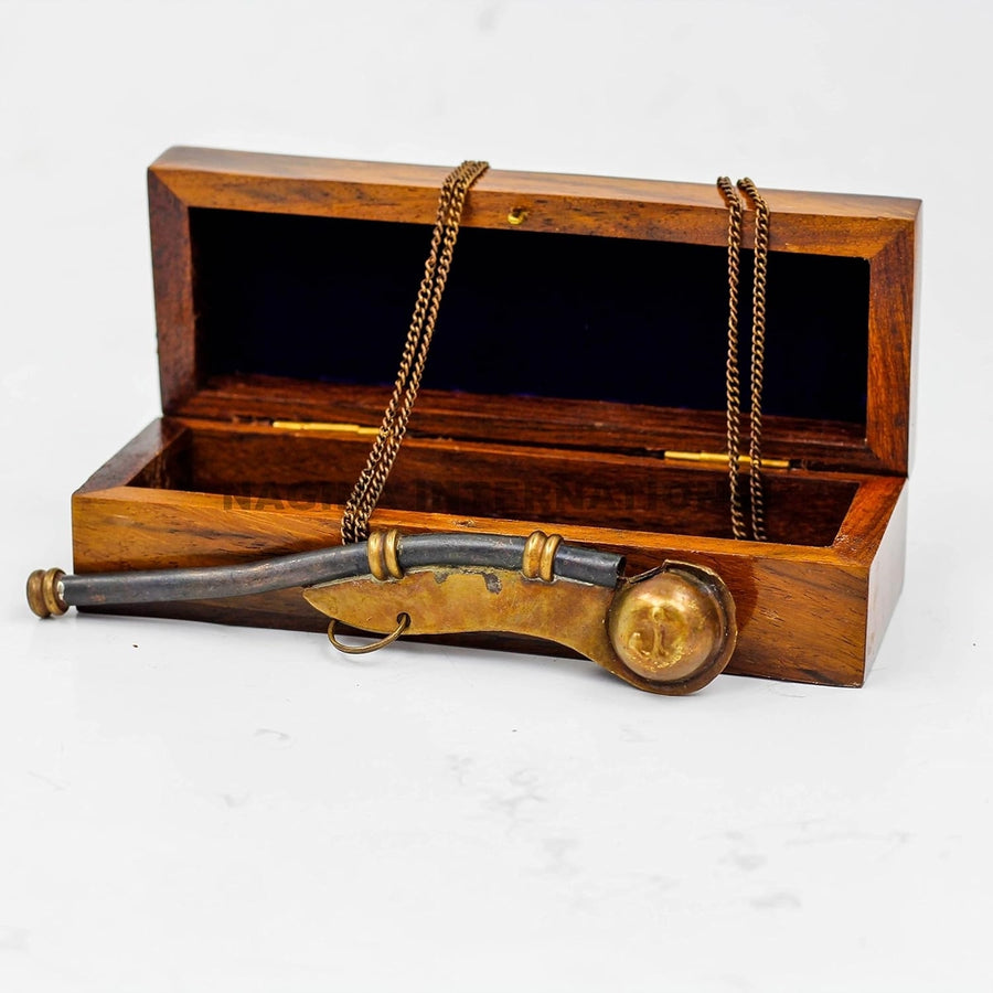 Boatswains Brass Crafted Bosuns Pipe Whistle With Chain and Handcrafted Rosewood Anchor Inlayed Case Pirates Decor Image 1