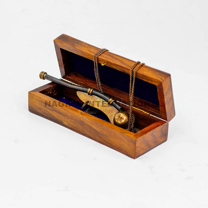 Boatswains Brass Crafted Bosuns Pipe Whistle With Chain and Handcrafted Rosewood Anchor Inlayed Case Pirates Decor Image 2