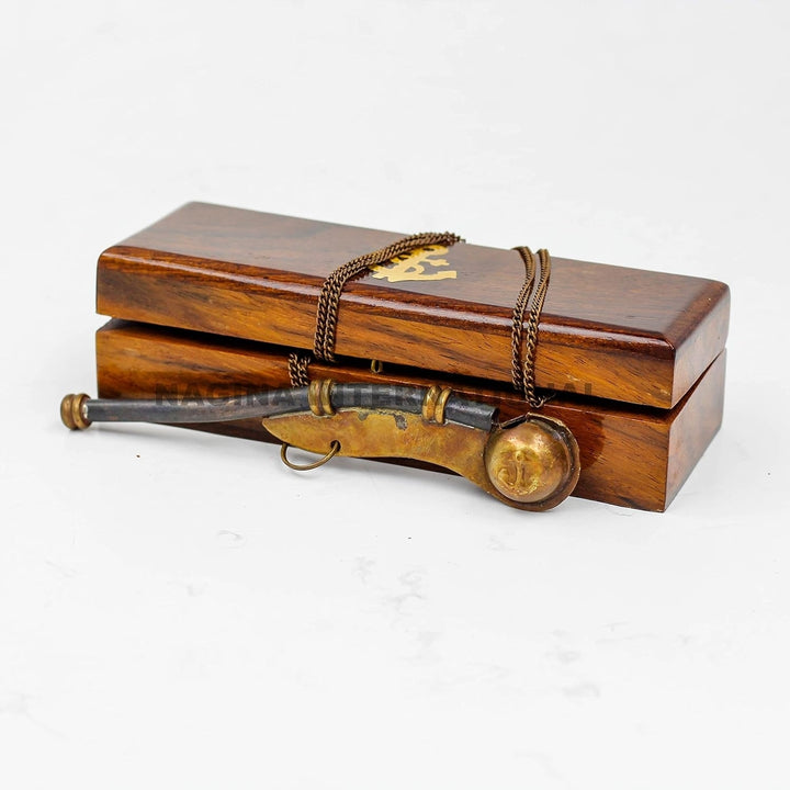 Boatswains Brass Crafted Bosuns Pipe Whistle With Chain and Handcrafted Rosewood Anchor Inlayed Case Pirates Decor Image 3