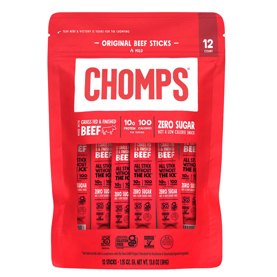 Chomps Original Grass Fed Beef Sticks Mild 1.15 Ounce (Pack of 12) Image 1