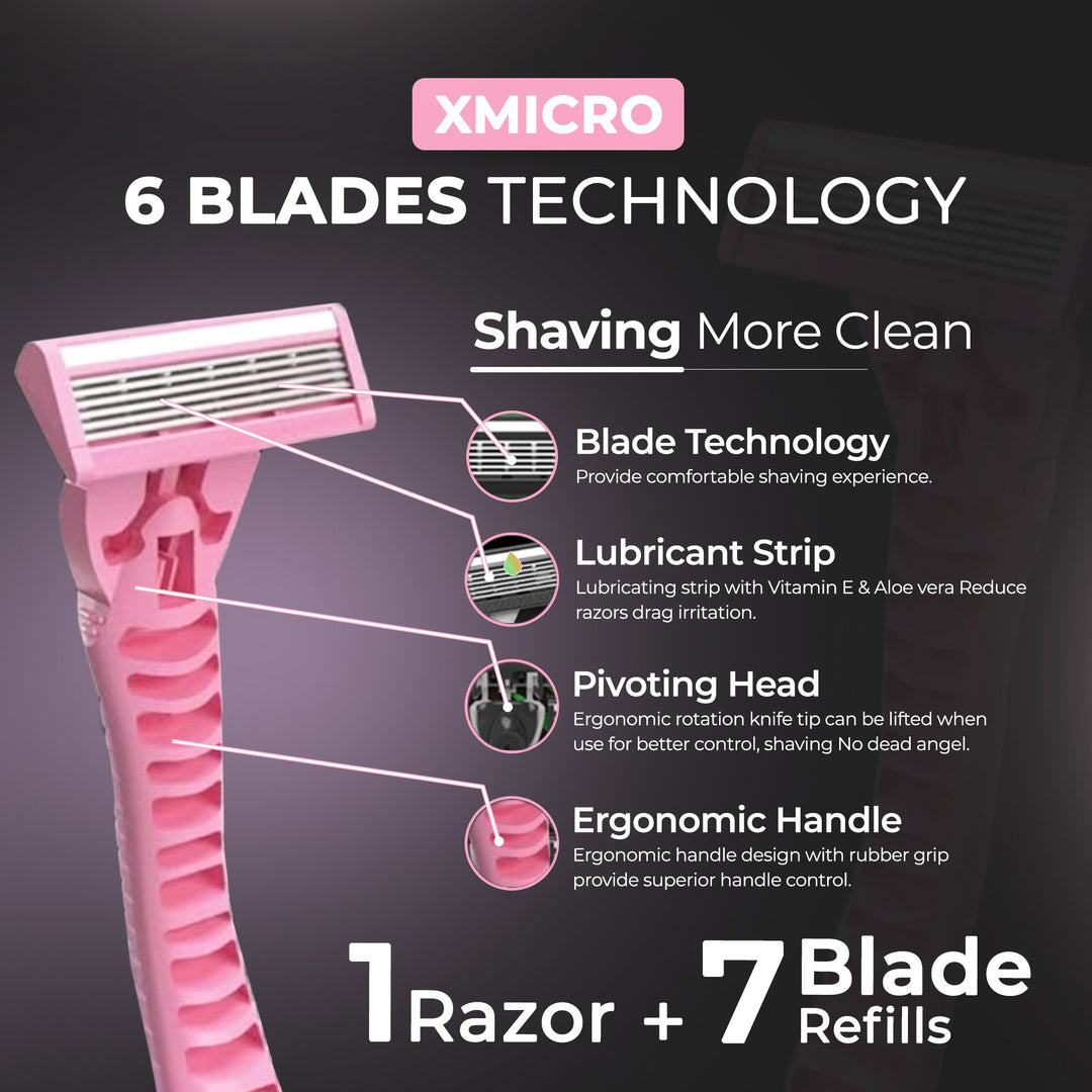 XMicro Pink Razors For Women 1 Razor 7 Blade Refills With German Stainless Steel Lubricated With Vitamin E Aloe For Image 1