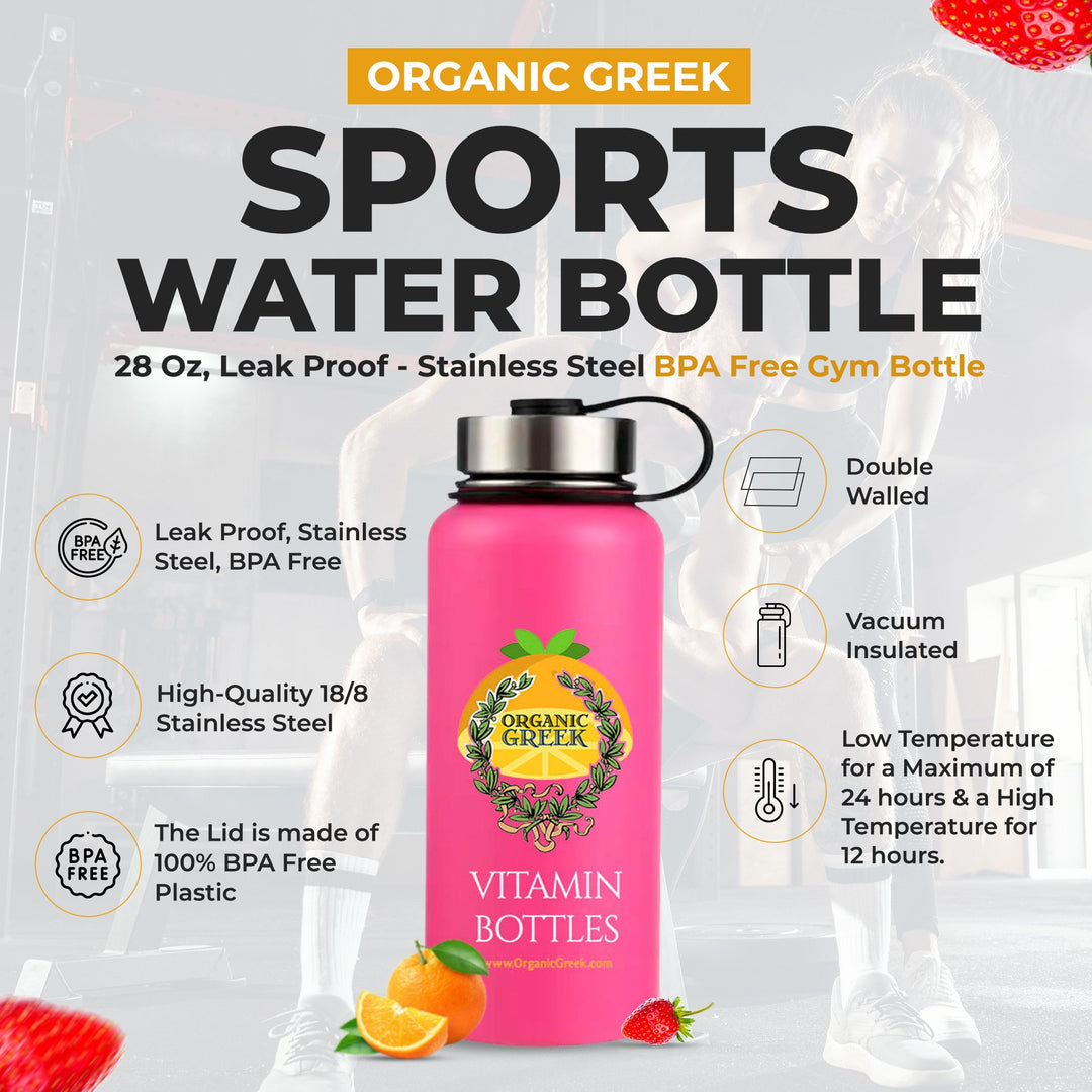 Organic Greek Sports Water Bottle - 28 Oz Leak Proof - Pink Stainless Steel BPA Free Gym and Bottles For Men Women and Image 1