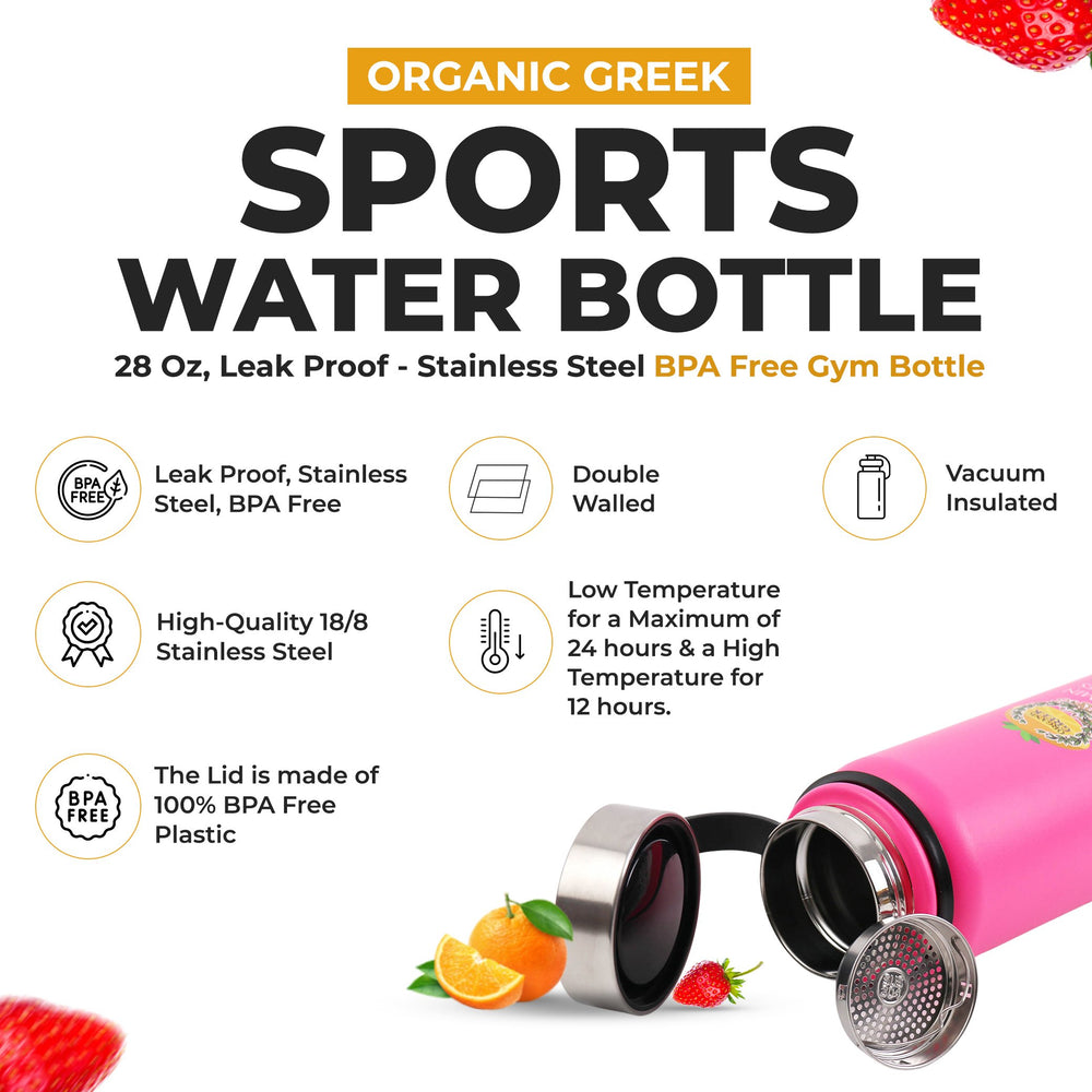 Organic Greek Sports Water Bottle - 28 Oz Leak Proof - Pink Stainless Steel BPA Free Gym and Bottles For Men Women and Image 2