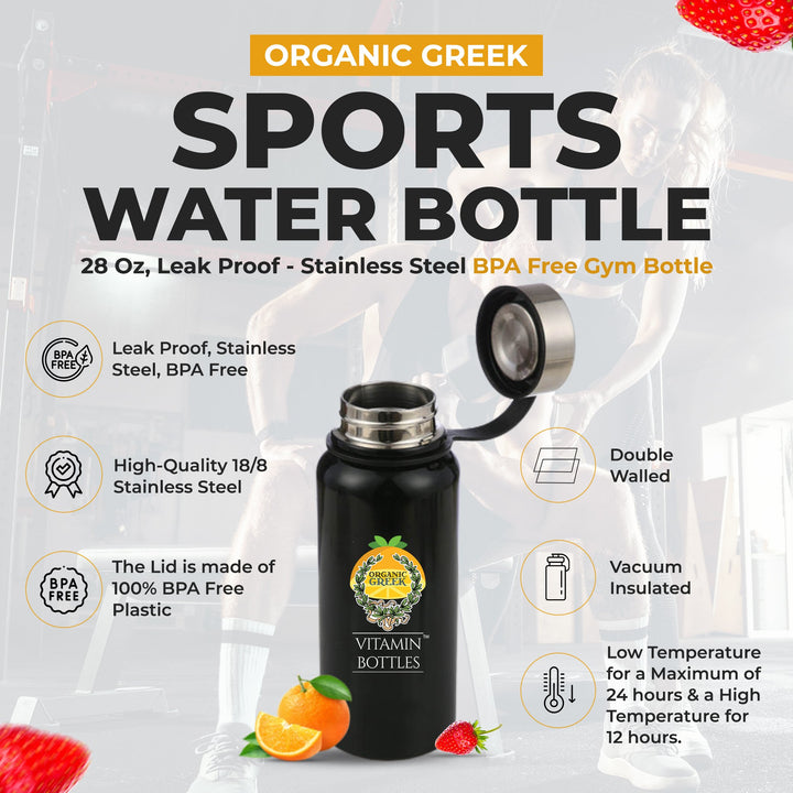 Organic Greek Sports Water Bottle - 28 Oz Leak Proof - Black Stainless Steel BPA Free Gym and Bottles For Men Women and Image 1